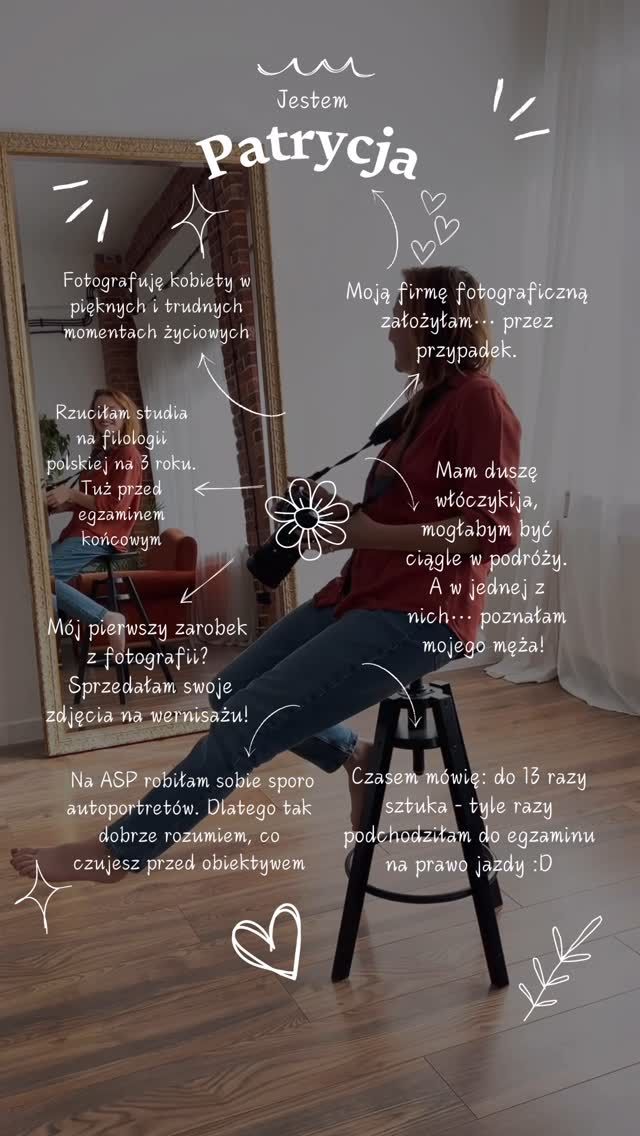 Czasem najlepsze historie zaczynają się zupełnie niespodziewanie… jak moja przygoda z fotografią. ❤️
Dziś chciałam się z Tobą podzielić kilkoma mniej znanymi faktami z mojego życia:

🔸 13 razy podchodziłam do prawa jazdy – upór? A może po prostu życie uczyło mnie cierpliwości? 😆

🔸 Rzuciłam studia na filologii polskiej na trzecim roku, żeby… no właśnie, wtedy jeszcze nie wiedziałam, co dalej.

🔸 Firmę założyłam przez przypadek – bo nagle straciłam pracę. A dziś? Nie zamieniłabym tego na nic innego. ❤️

🔸 Pierwsze sesje kobiece zrobiłam w pandemii – kiedy wszyscy byli zamknięci w domach, ja zaprosiłam kobiety do studia na celebrację siebie.

🔸 Pierwsze pieniądze z fotografii? Sprzedaż własnych zdjęć na wernisażu! To był moment, kiedy uwierzyłam, że mogę.

🔸 Uwielbiam podróże – i to w jednej z nich poznałam mojego męża. ✈️💛

🔸  Na ASP robiłam sobie sporo autoportretów. Dlatego tak dobrze rozumiem, co czujesz gdy stoisz przed obiektywem!

Każdy z tych faktów to część mnie. To małe kamienie milowe, które doprowadziły mnie do miejsca, w którym jestem teraz. Bo czasem życie samo pisze najlepsze scenariusze… ❤️

A Ty, kim jesteś? Napisz coś o sobie:  Co robisz? Co lubisz? ❤

P.S Ten piękny szablon dostałam od @anka__szamanka - dziękuję ❤️

#malafirma #fotografkobiet #omnie #mojafirma #sesjakobiecawroclaw #sesjabuduarowawrocław #fotografkakobiet #vouchernasesję #dzieńkobiet2025 #fotografwroclaw #fotografdolnyśląsk #kobiecafotoszkola #wrocław #trzebnica #olesnica
